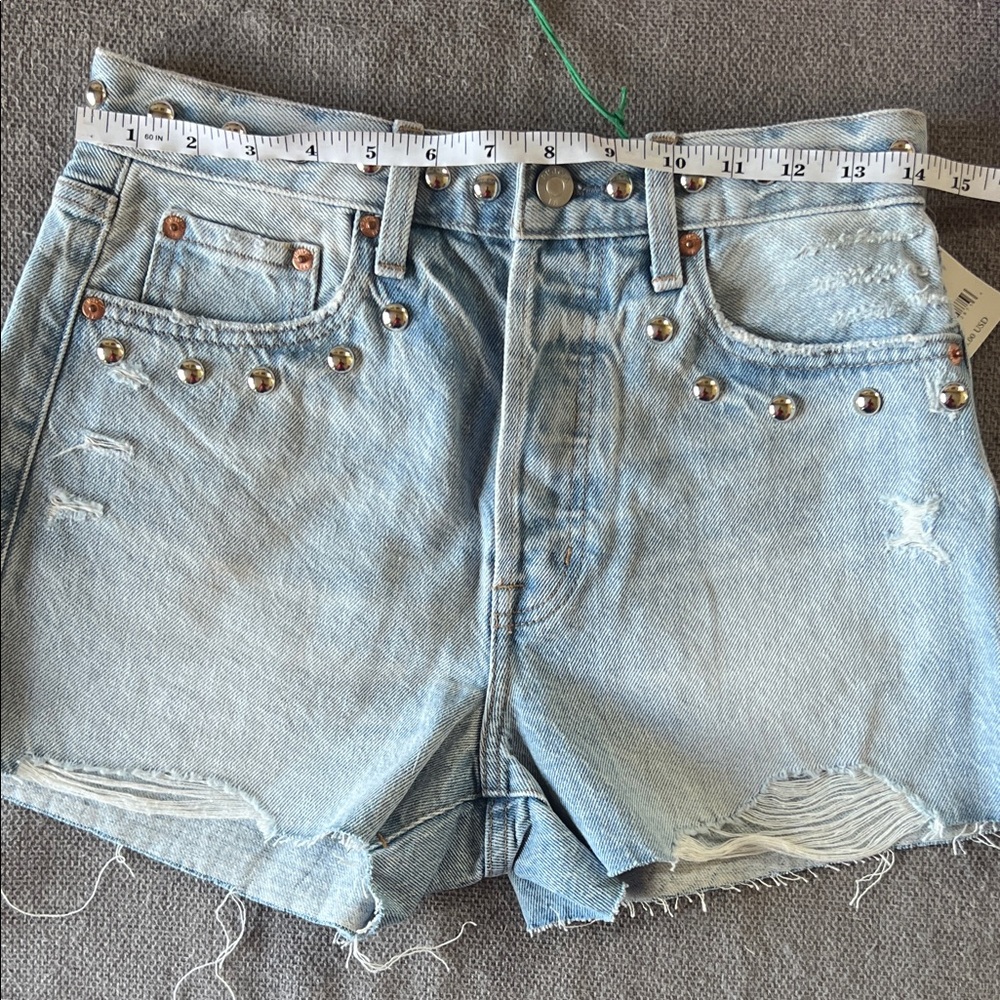 pistola Light Blue Studded Distressed Denim Shorts